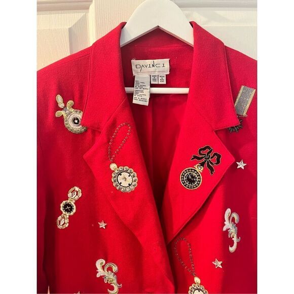 Vintage DaVinci Red Wool Clock Watch Embroidered Jacket Blazer sz L (flaw) - Picture 2 of 10